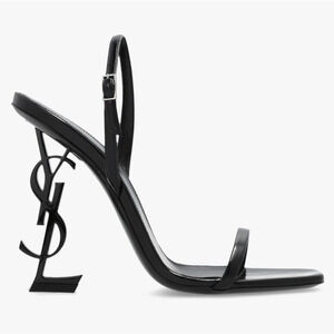 Saint Laurent Opyum 110 Black Leather YSL Logo Heel Slingback Strap Sandal 40.5